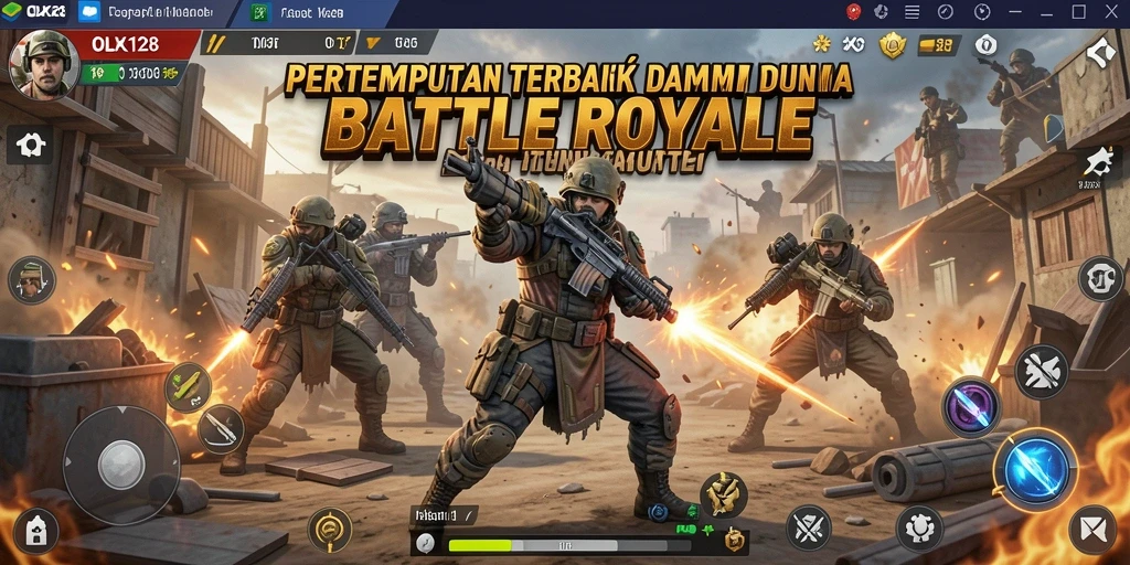 Screenshot utama OLX128 menampilkan pertempuran intens di genre Battle Royale.