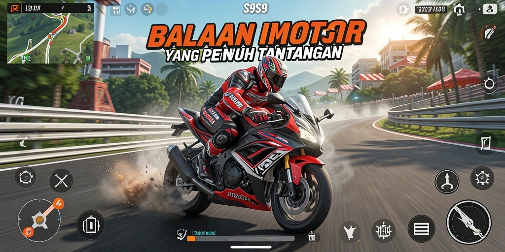 Screenshot gameplay S9S9 yang menampilkan balapan motor yang intens.